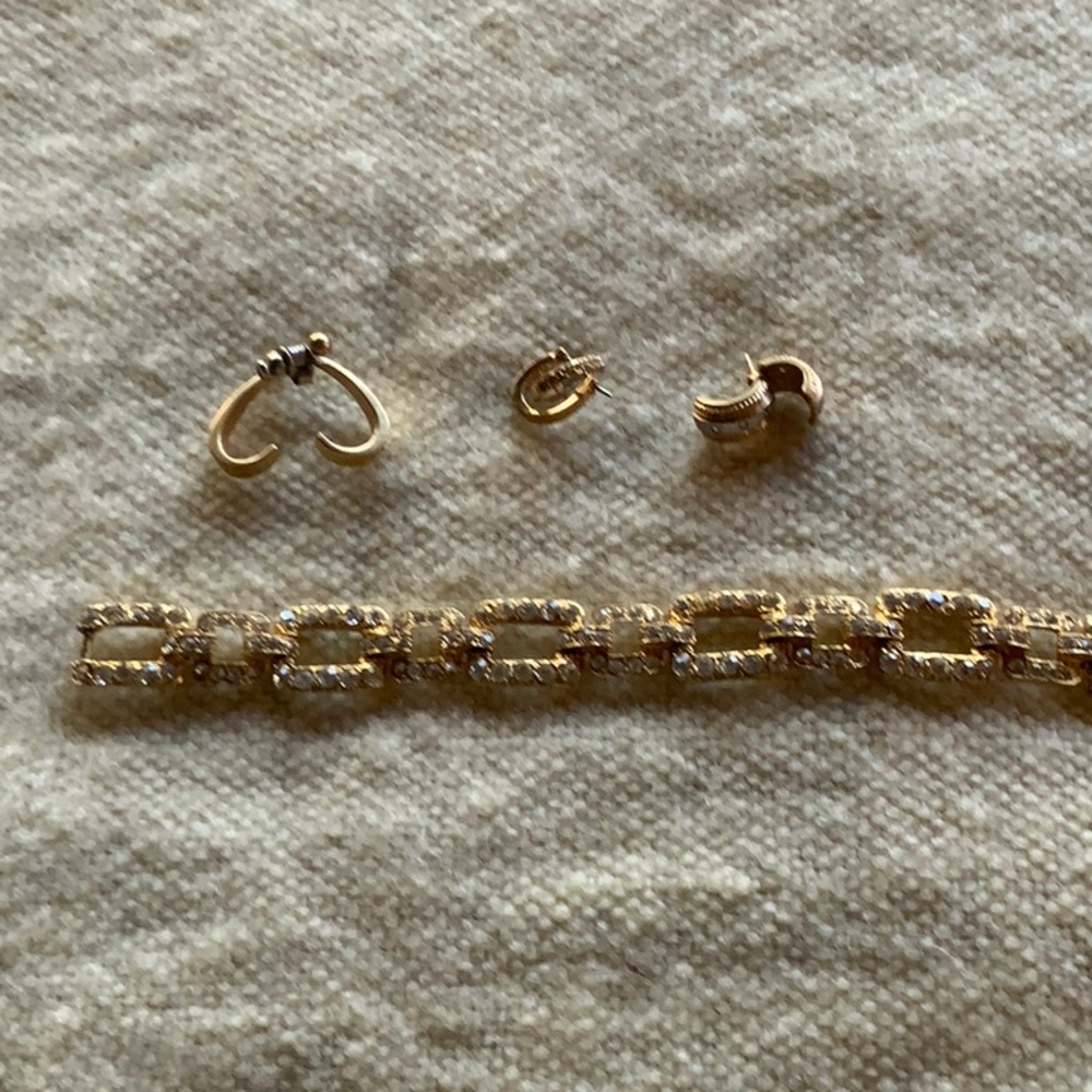 3 gold plated drop earrings, each different with golden crystal bracelet.